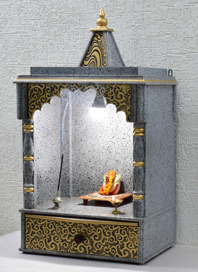 Silver Pooja Temple/Mandir with Tray and One Drawer - Side Closed - Image 2